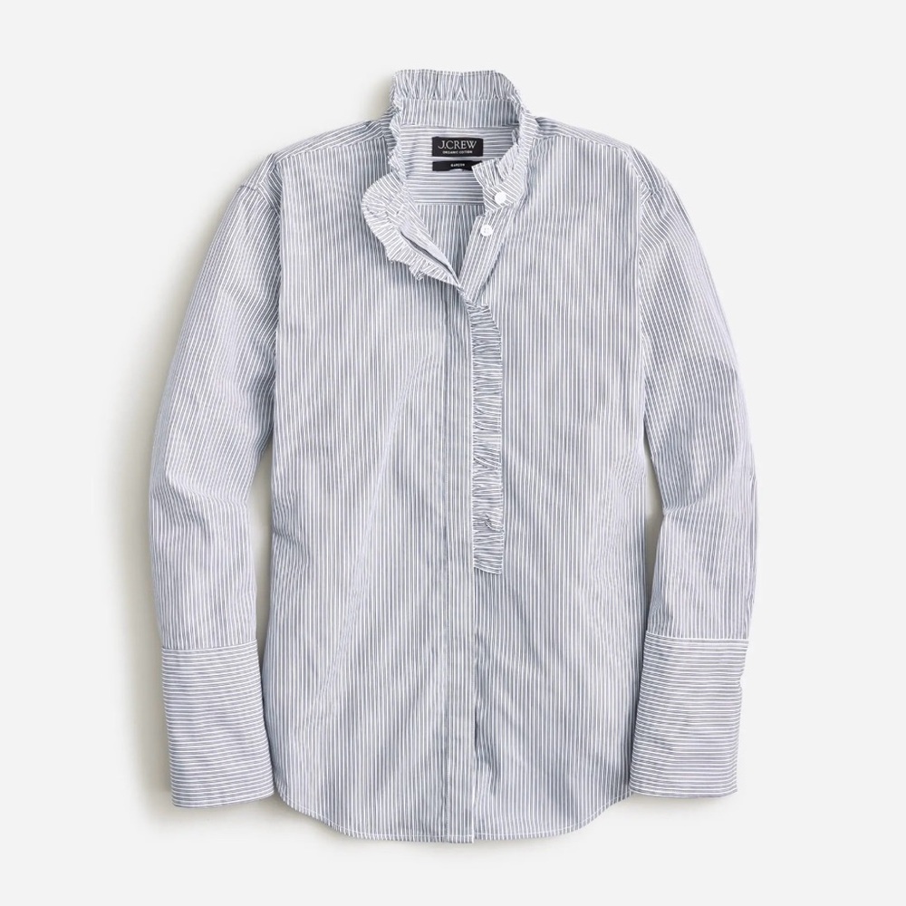 J. Crew Women’s Garçon Blue Pinstripe Ruffle Button Down Blouse, Size 00
